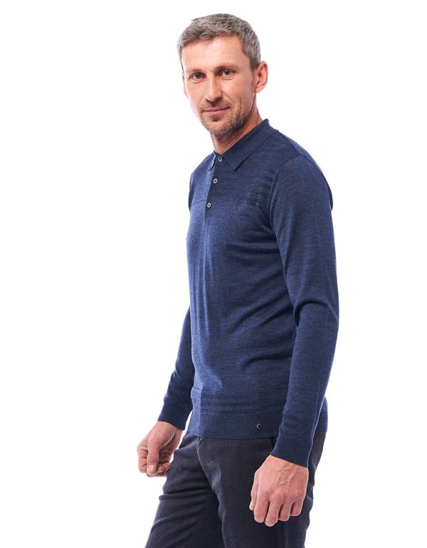 Поло синее мужское Gratude с длинным рукавом, шерсть с шёлком | купить в интернет-магазине Olymp-Men